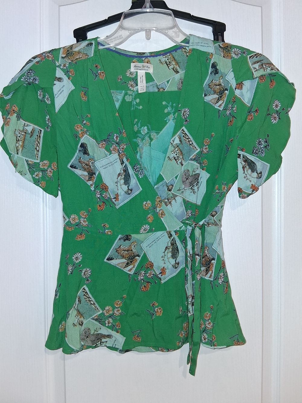 Anthropologie Green Floral & Postcard Wrap Blouse